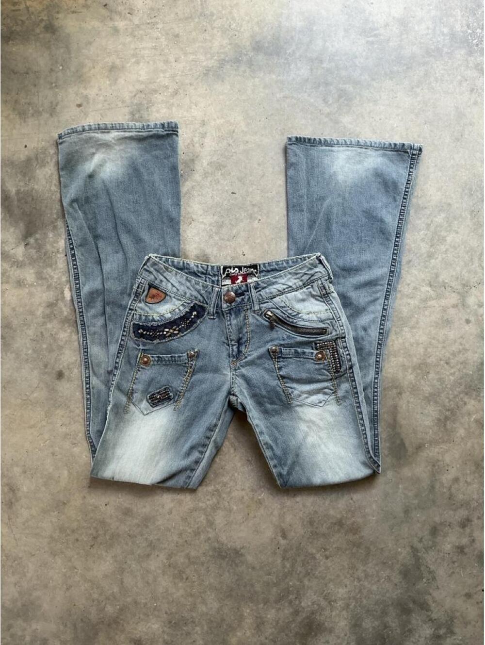 Y2K Lois Jeans Embellished Low Rise Bootcut Jeans | Studded Zip Pocket Denim